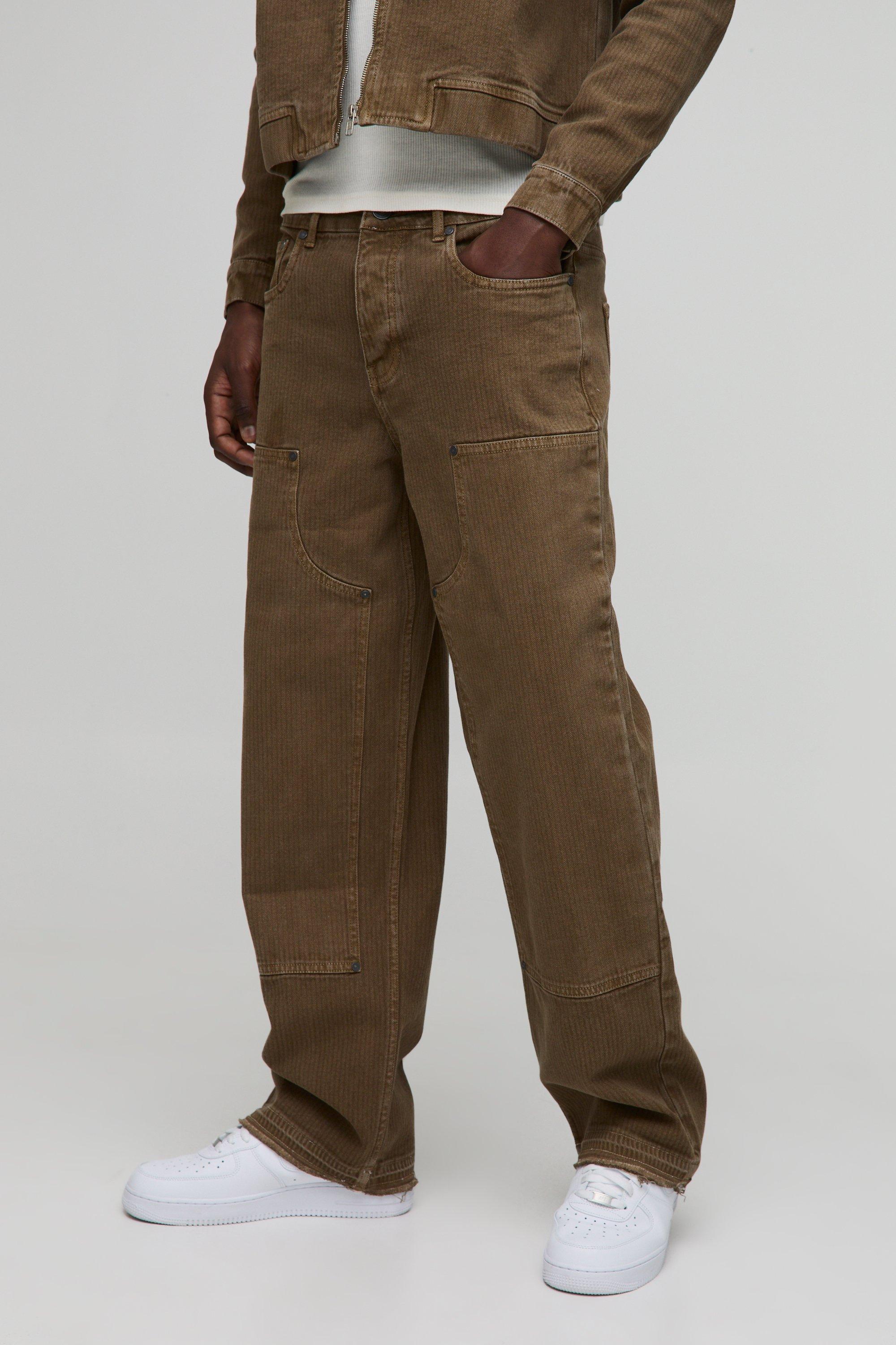 Mens Green Relaxed Herringbone Twill Carpenter Trousers, Green
